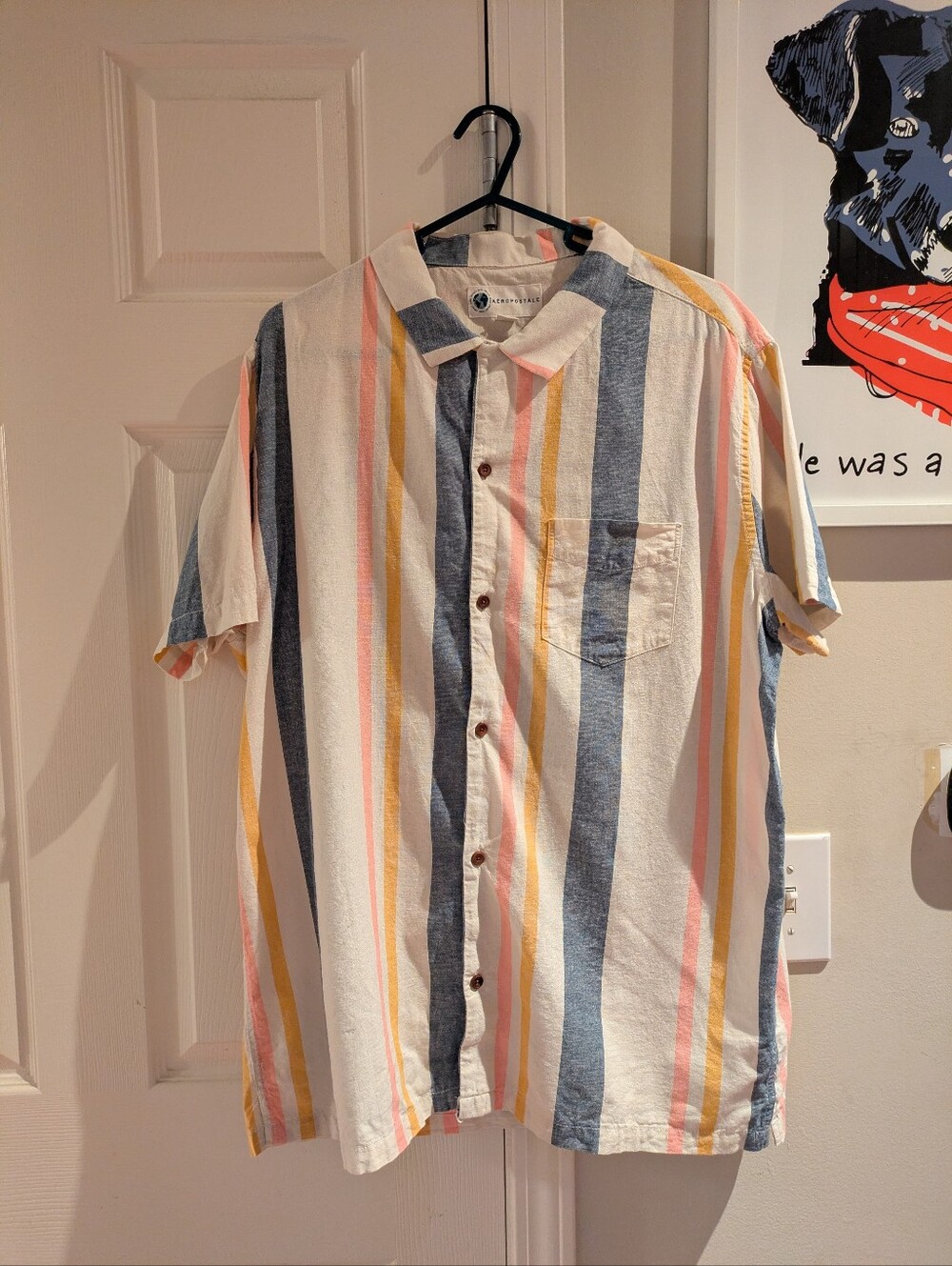 Aeropostale Men's Hemp Blend Striped Short Sleeve Buttop-up Shirt